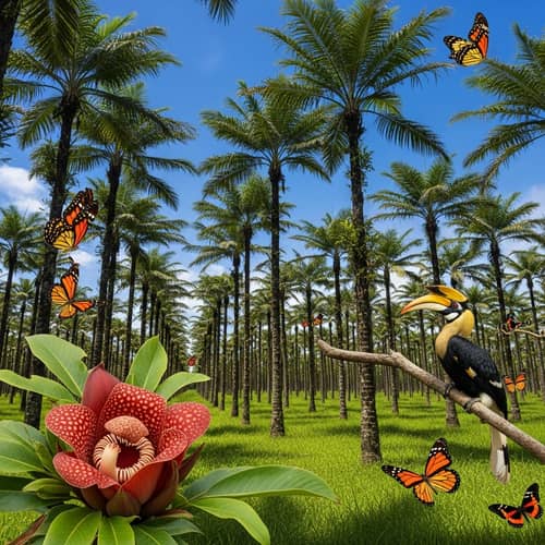 Sago Palm Plantation in Lush Peat Swamp with Rafflesia Flower, Hornbill and Butterflies