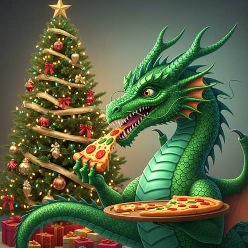 Emerald Dragon Enjoying Pizza with Christmas Tree Background