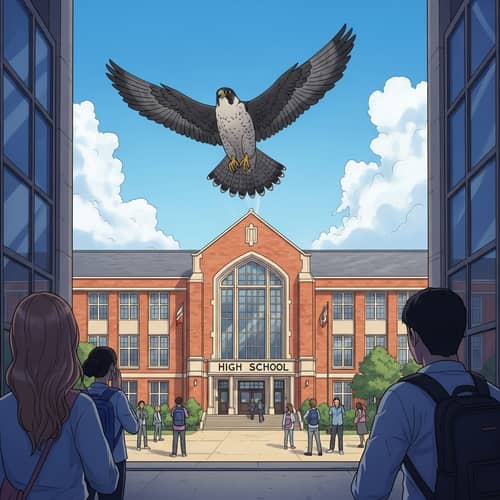Majestic Falcon Soaring High Over Traditional High School
