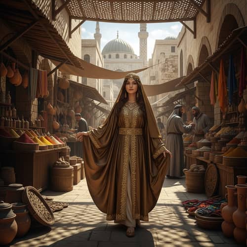 Middle-Eastern Girl in Traditional Bronze Clothing at Iconic Marketplace