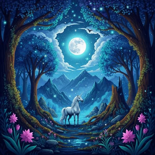 Mystical Forest with Unicorn: Moonlit Fantasy Scene