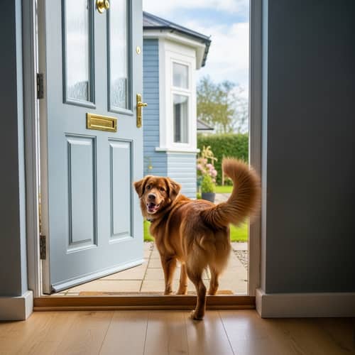 Happy Pet Dog Exiting Classic Blue House | Vibrant Brown Breed