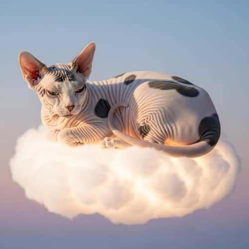 White Canadian Sphynx Cat with Black Spots Resting on Cloud