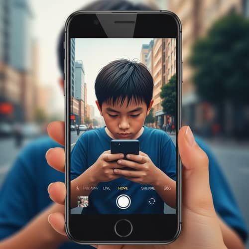 Young Asian Boy Engrossed in Phone - Youth Culture Representation