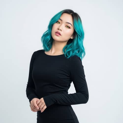 Asian Girl with Cyan Hair in Elegant Pose | Black Dress