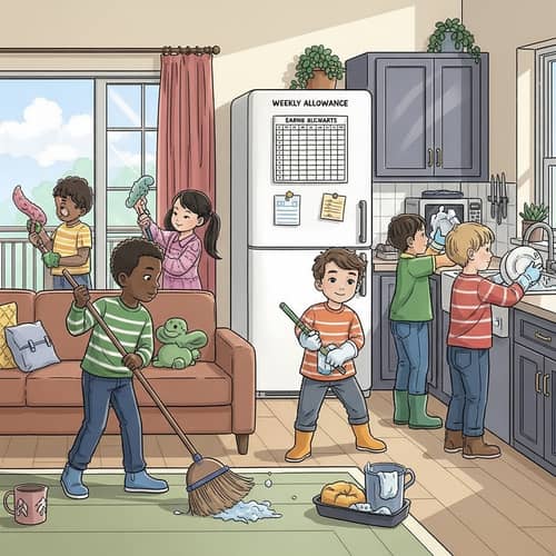 Diverse Children Chores Illustration: Work, Rewards & Money Lesson