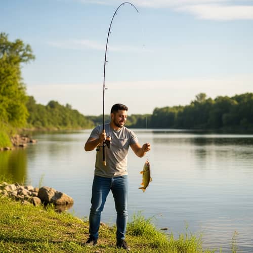 Hispanic Man Fishing by Serene River | Nature vs Man Struggle