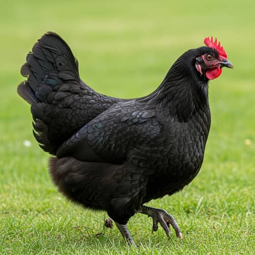 Mature Black Hen with Glossy Feathers in Sunlit Field