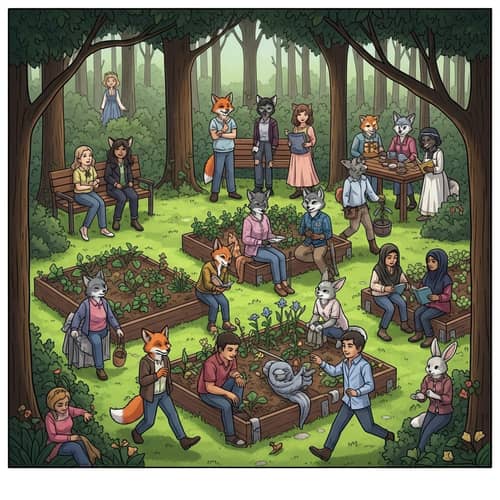 Whimsical Forest Garden with Anthropomorphic Animal Figures