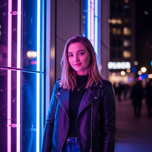 Neon Dreams: Stylish Young Woman in Urban Vibes