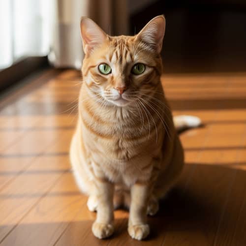 Comfortable Domestic Short-Haired Cat on Wooden Floor