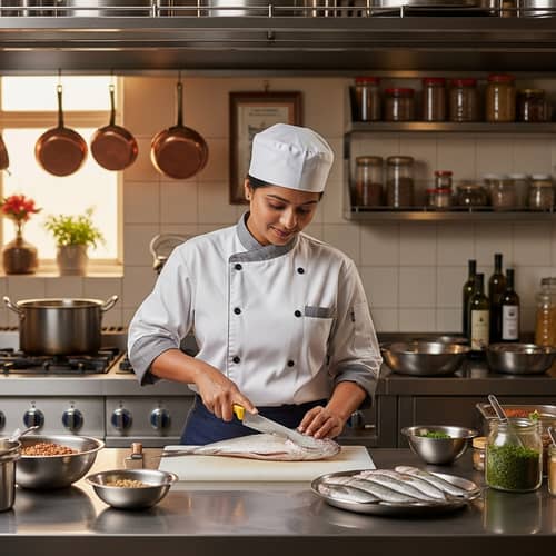 Professional South Indian Female Chef Cutting Fresh Fish