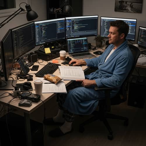 Home Office Setup with Mysterious Individual Surrounded by Computers