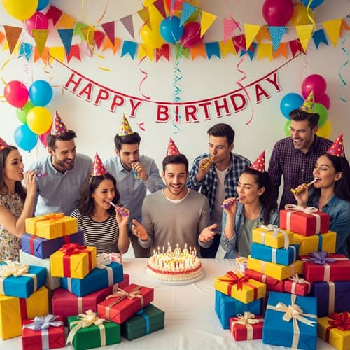 Colorful Birthday Celebration with Friends and Cake