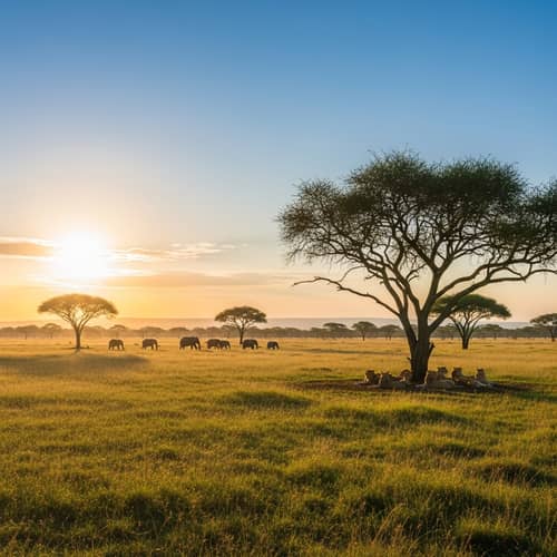 Traditional Savanna Landscape: Elephants, Lions & Acacia Trees