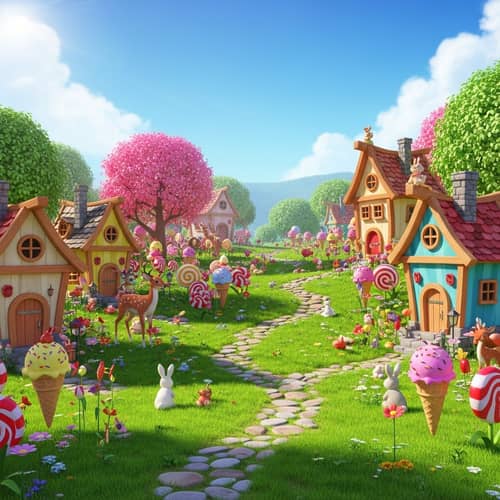 Vibrant 3D Meadow with Elf Houses and Sweet Treats