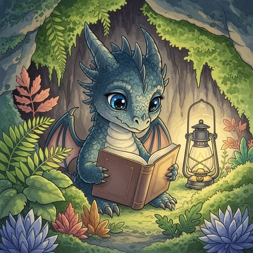 Cute Dragon Reading Book in Lantern-Lit Cavern