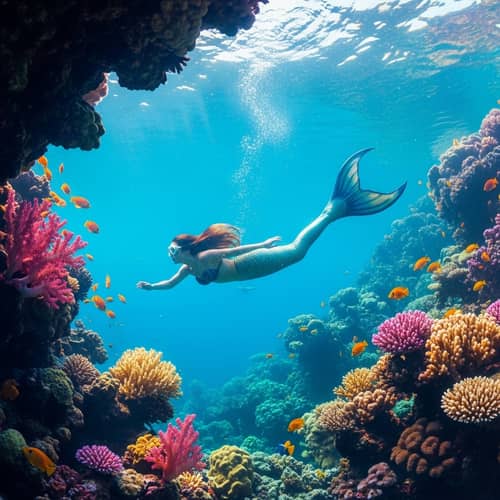Surreal Underwater Mermaid Scene with Vibrant Coral Reefs