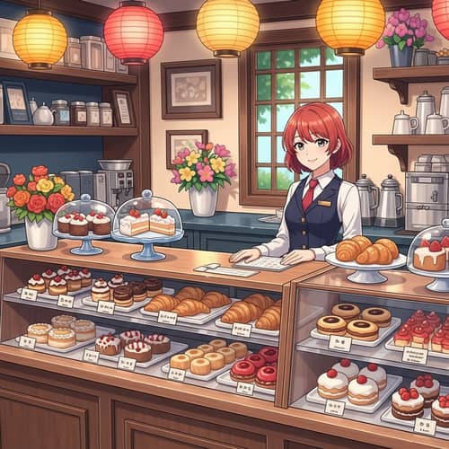Anime-Inspired Café Scene with Delicious Pastries and Friendly Service