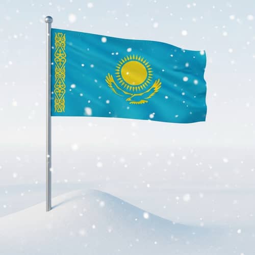 Flag of Kazakhstan Flutters in Snowy Winter Scene
