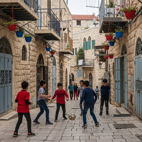 Multicultural Children Playing Soccer in Streets of Palestine