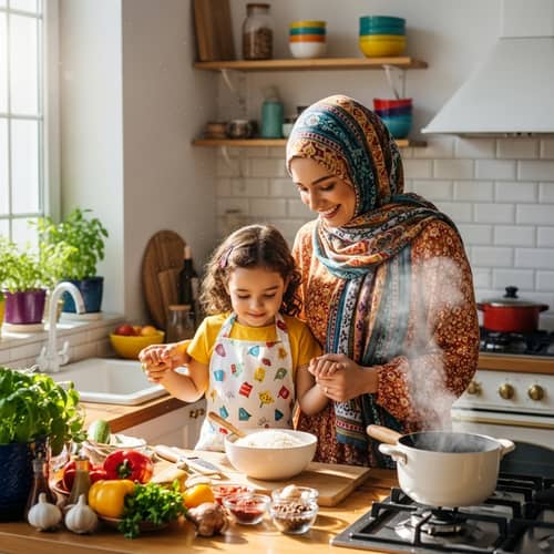 Muslim Woman & Daughter Making Rice: Joyful Kitchen Scene