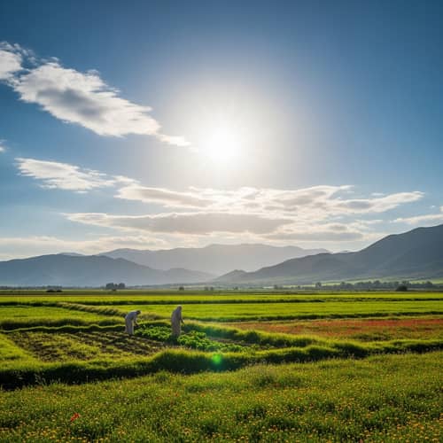 Radiant Sun Landscape: Tranquil Oasis of Green Fields and Wildflowers