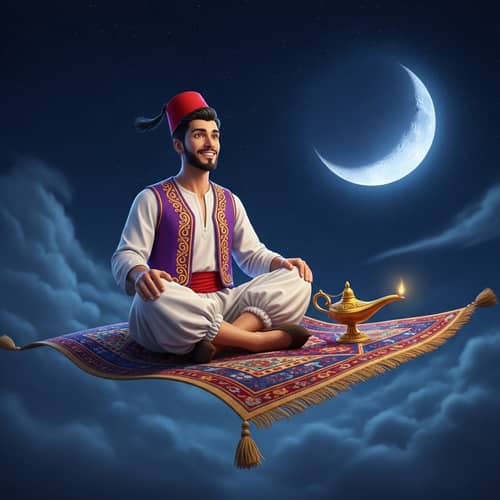 Arabian Man Riding Flying Carpet at Night