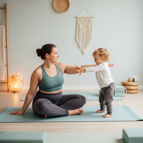 Plus Size Yoga Teacher Practising Iyengar Yoga with Curly Blond Toddler