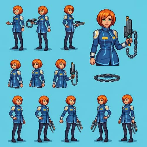 Pixel Art Character Sheet: Marie Wentz from Astral Chain Inspired Design