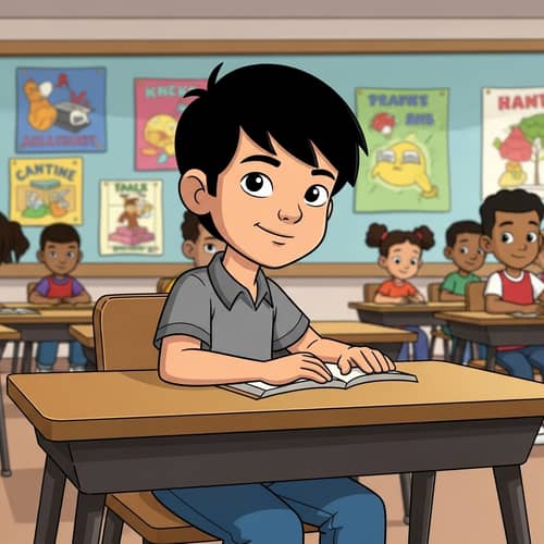 Cartoon Drawing of 8-Year-Old Boy in Classroom