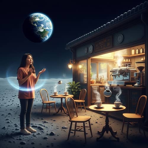 Modestly Dressed Filipina Woman on Moon | Vintage Coffee Shop Scene