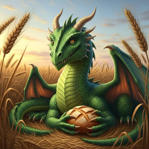 Whimsical Dragon in Green Scales Resting in Rye Field with Bread