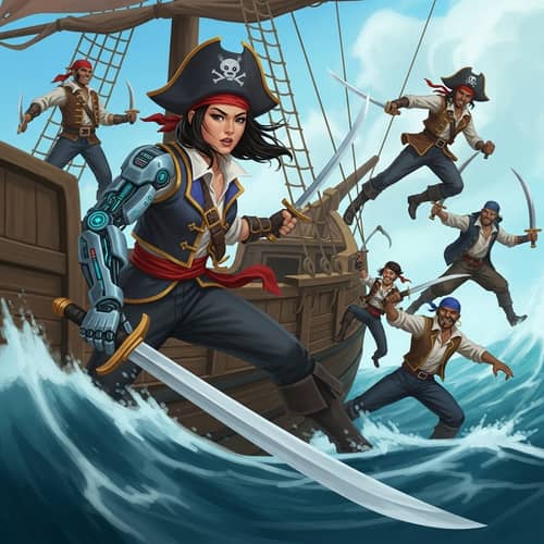 Futuristic Female Pirate Cyberpunk Battle Scene