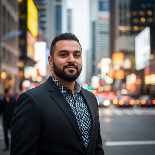 Stylish Man in Black Suit with Confident Expression | City Evening Backdrop