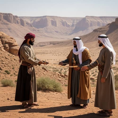 Jahiliyyah Period Sword Exchange in Desert Landscape