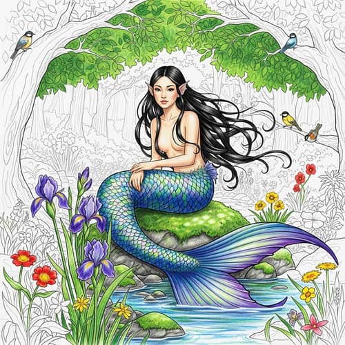 Asian Mermaid in Forest with Birds and Flowers | Pencil Drawing