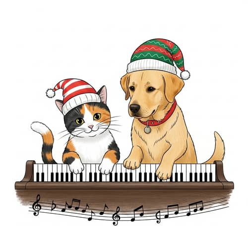 Tricolor Cat and Labrador Dog Playing Piano with Festive Hats