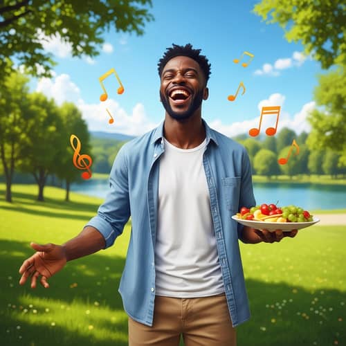 Joyful Black Man Laughing in the Park with Delicious Food and Music Notes