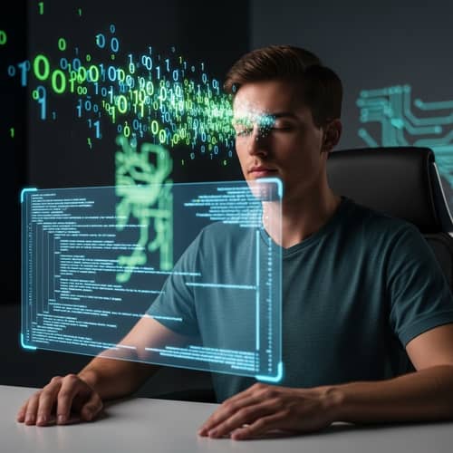 Mind-Powered Coding: Young Male Engaged in ASCII Programming