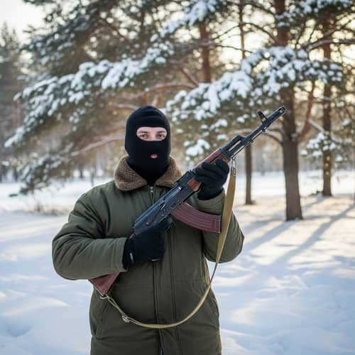 Caucasian Man in Cold Weather Attire Holding AK47 in Snowy Landscape