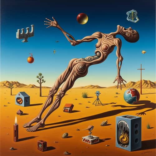 Surrealist Painting: Distorted Human Figure in Eerily Lit Desert