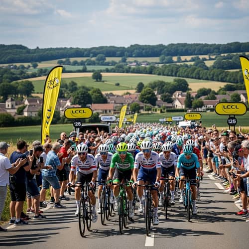 Tour de France Cyclists Racing in Diverse Group | Rural Landscape Views