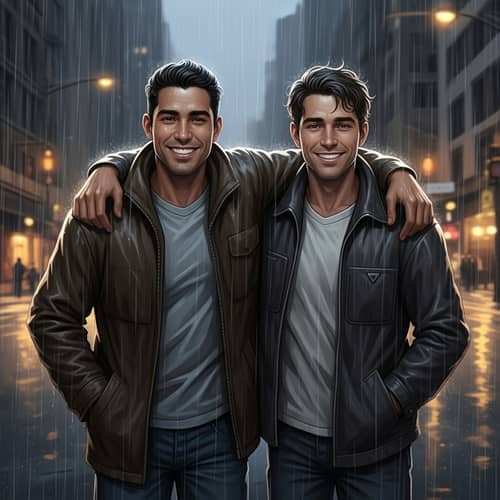 Urban Friendship Scene: Hispanic & Caucasian Friends in Rain