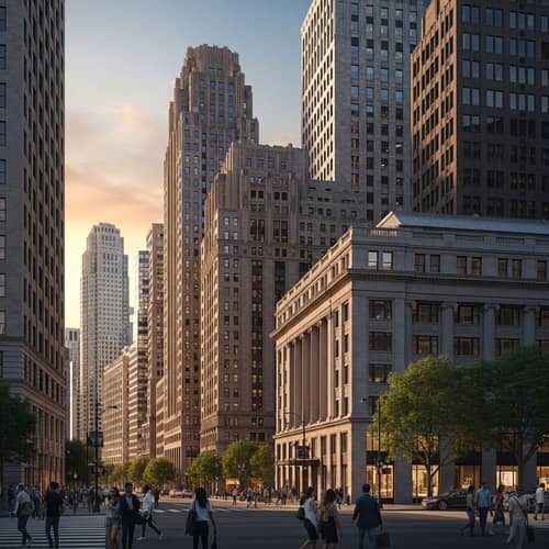 Bustling Cityscape at Sunset: Diverse Architecture & People