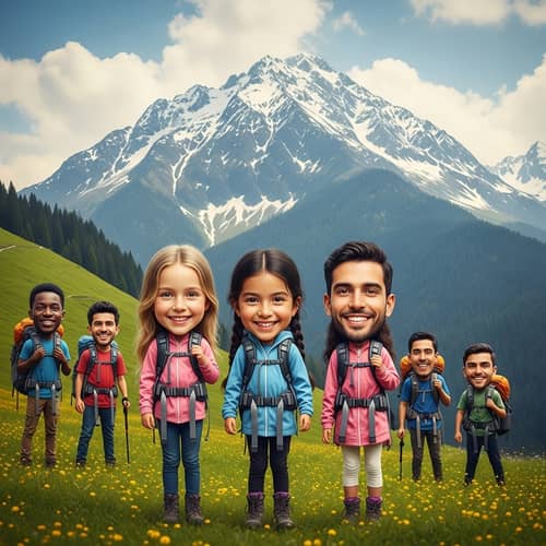 Cute Hiking Adventure: Whimsical Big-Headed Friends