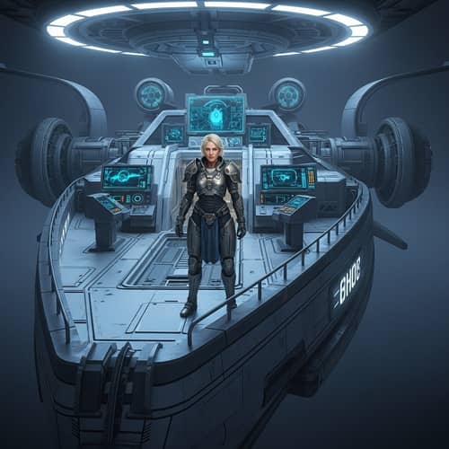 Female Warrior in Futuristic Armor | Iconic Transport Ship Scene