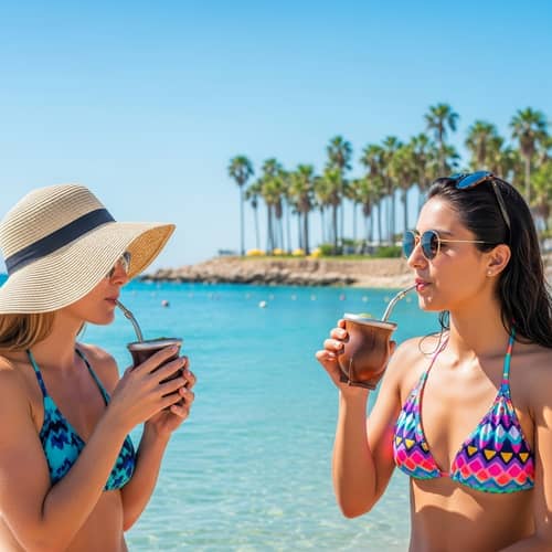 Serene Beach Scene with Women Lounging Under Palms