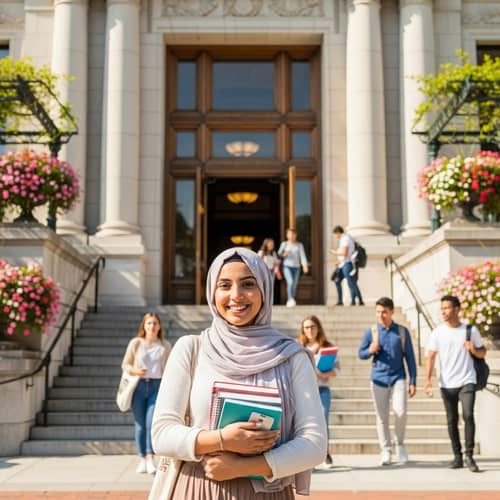 Middle-Eastern Student with Hijab Smiling at Library Entrance