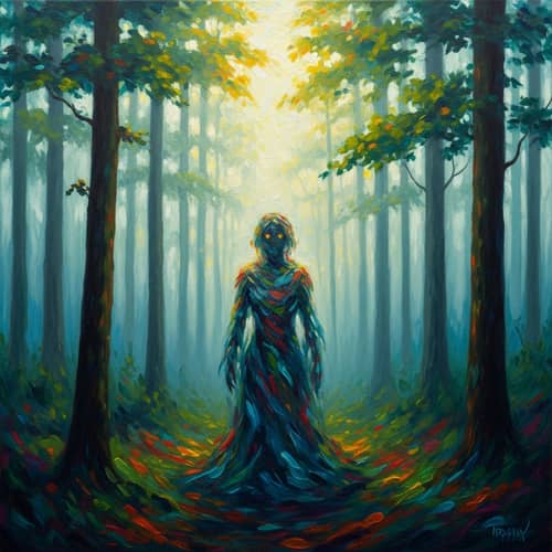 Mysterious Figure in Foggy Forest - Impressionistic Art